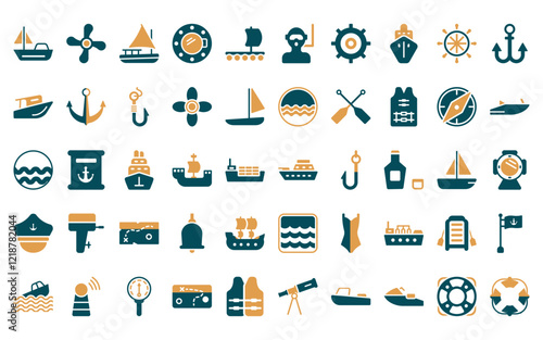 50 linear nautical icon pack. vector thin line gunboat, boat screw, felucca, boat porthole, wood raft, diver, ship helm icons suitable for apps and websites ui designs.