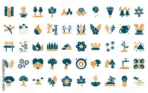 50 linear nature icon pack. vector thin line flower of six petals from japan, daisy on pot, bigtooth aspen tree, red maple tree, burn, conservation, melting icons suitable for apps and websites ui