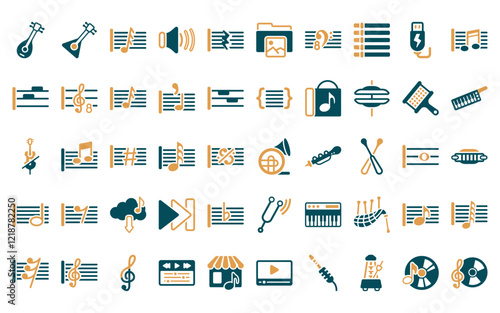 50 linear music icon pack. vector thin line french horn, balalaika, demisemiquaver, low volume speaker, quarter note rest, image archive, octave clef icons suitable for apps and websites ui designs.