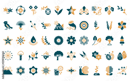 50 linear nature icon pack. vector thin line wedelia, anemone, wallflower, hive, calla, hypericum, orchid icons suitable for apps and websites ui designs.