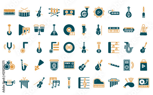 50 linear music icon pack. vector thin line violin, snare drum, double bass, xylophone, caste, horn, tambourine icons suitable for apps and websites ui designs.
