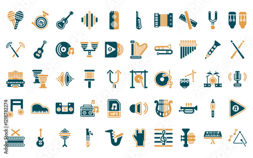 50 linear music icon pack. vector thin line gong, french horn, guitar, equalizer, amplifier, keytar, accordion icons suitable for apps and websites ui designs.