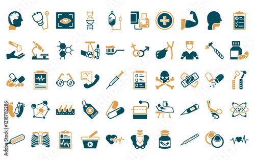 50 linear medical icon pack. vector thin line medical notes of a list paper on a clipboard, stethoscope medical heart beats control tool, eye scanner chain of dna, perfusion, blood pressure control