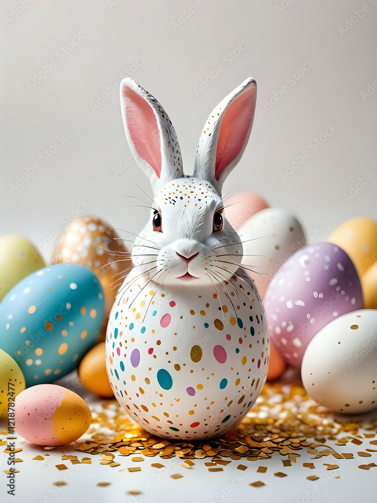 Fototapeta premium Ceramic craft of Easter bunny and eggs. 300dpi
