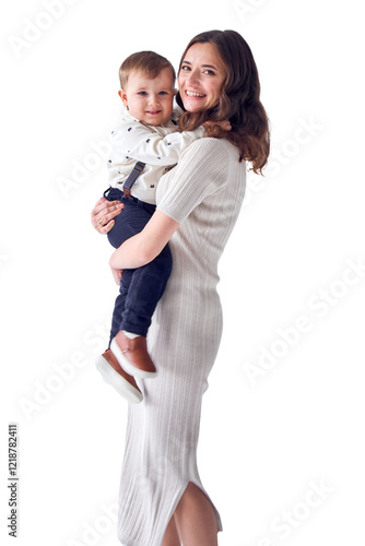  young mother holds her two-year-old son in her arms