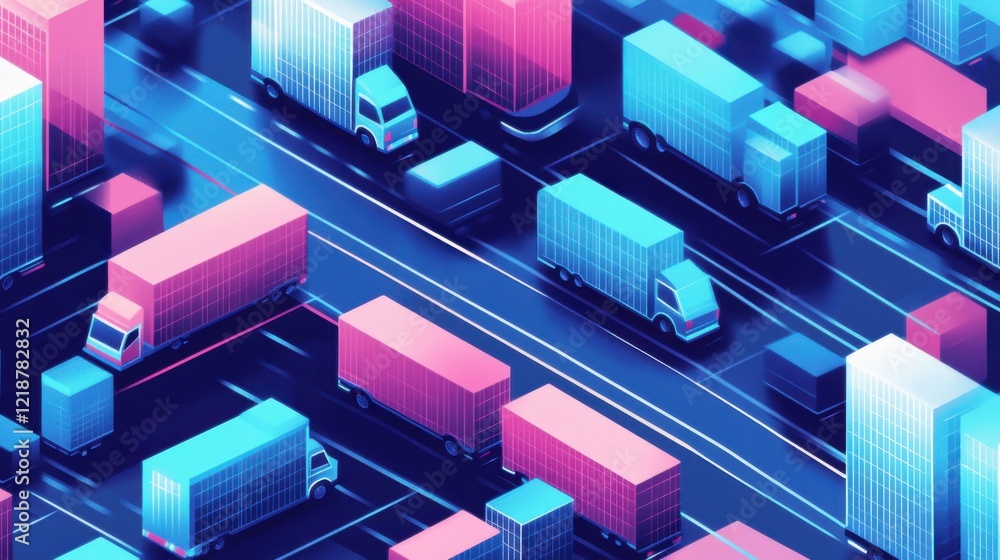A vibrant digital illustration of busy trucks navigating a futuristic cityscape at night A vibrant digital illustration of busy trucks navigating a futuristic cityscape at night