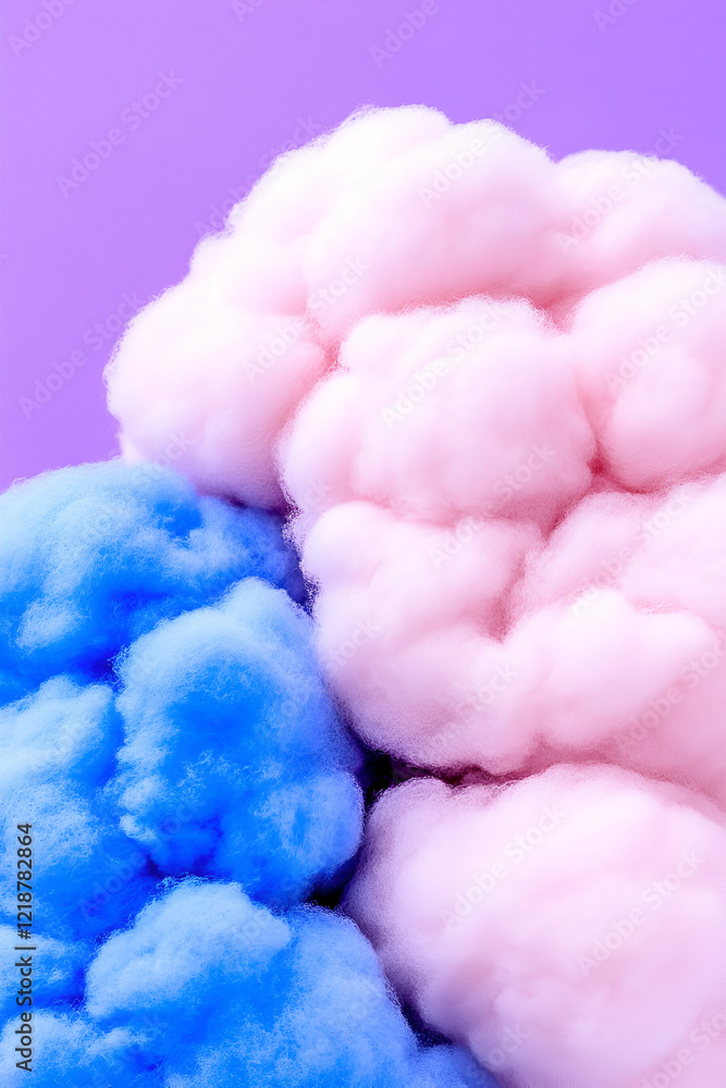 Fototapeta premium Cotton candy clouds in pastel blue and pink hues create a whimsical and dreamy atmosphere against a vibrant purple background.