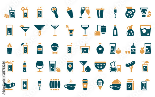 50 linear drinks icon pack. vector thin line caipirinha, lemonade, mint julep, opener, shaker, wine toast,   icons suitable for apps and websites ui designs.