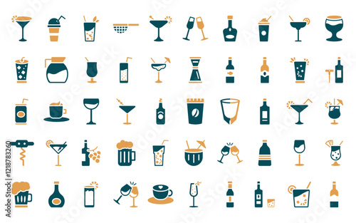50 linear drinks icon pack. vector thin line coffee bag, smoothie, mint julep, sieve, martinez, toast, cognac icons suitable for apps and websites ui designs.