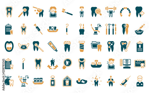 50 linear dentist icon pack. vector thin line implant fixture, mouth mirror, clean tooth, sick girl, toothbrushes, molar crown, bacteria in mouth icons suitable for apps and websites ui designs.