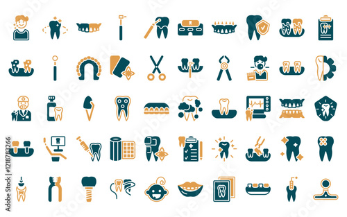 50 linear dentist icon pack. vector thin line tooth cleaning, tooth whitening, denture, dentists drill tool, scraping, clinic, dental prosthesis icons suitable for apps and websites ui designs.
