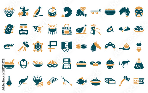 50 linear culture icon pack. vector thin line mantecados, pico cao, aw on a branch, cake with a flag, fried shrimp, australian koala, calumet icons suitable for apps and websites ui designs.