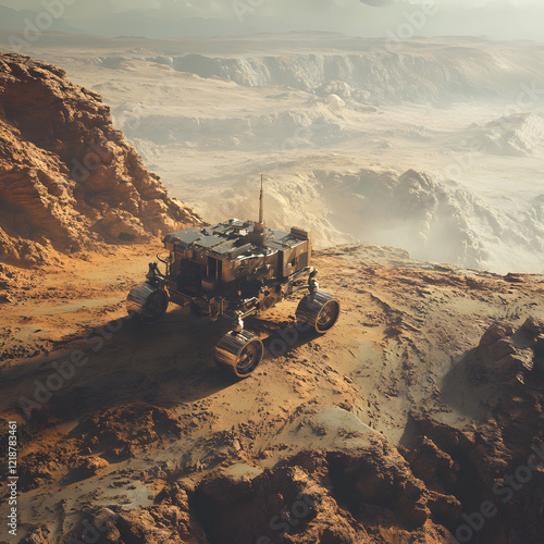 Mars rover exploring a dramatic alien landscape. The rover is positioned on a rocky hillside overlooking a vast canyon. photo