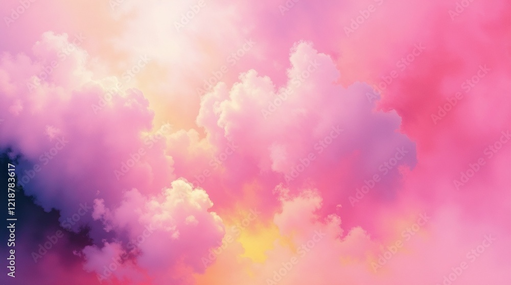 Fototapeta premium An abstract painting in neon hues displaying a soft dreamy atmosphere contrasted by sharp shadows and hazy areas illuminated by strong, hard light.