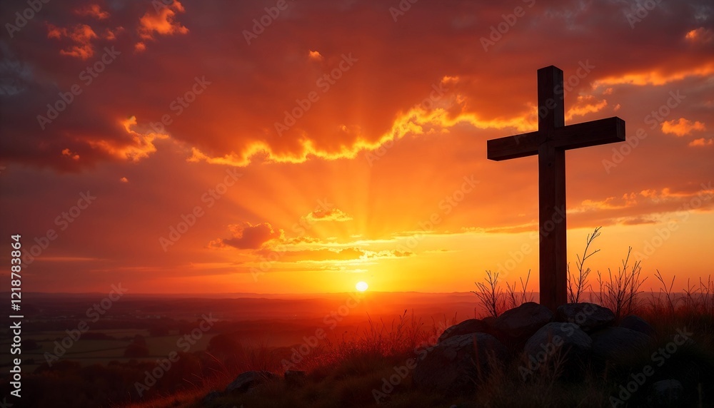 Sunset landscape with wooden cross silhouetted against vibrant orange sky, with copy space Sunset landscape with wooden cross silhouetted against vibrant orange sky, with copy space