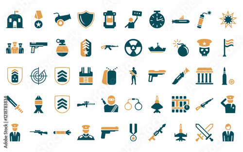50 linear army icon pack. vector thin line infantry, medal, cannon, shield, army backpack, revolt,   icons suitable for apps and websites ui designs.