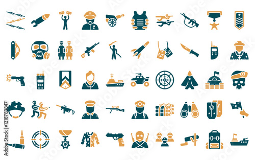 50 linear army and war icon pack. vector thin line army car, airplane bomb, revolt, veteran, canon, bulletproof, assault icons suitable for apps and websites ui designs.