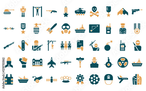 50 linear army icon pack. vector thin line pledge, military robot hine, pull up,  , condecoration, armored vehicle, dead icons suitable for apps and websites ui designs.