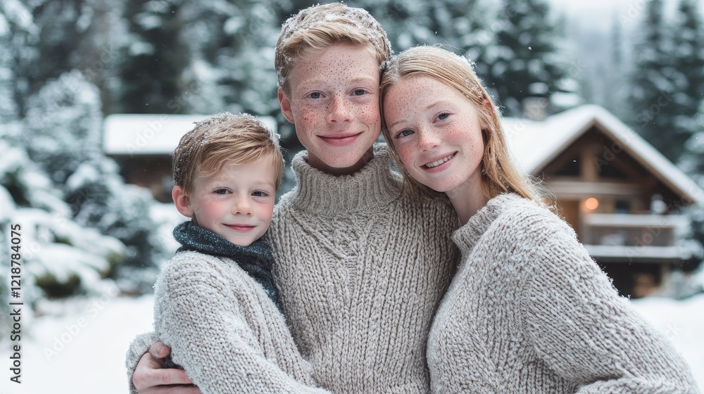 Obraz premium Cozy Scandinavian Family Enjoying Snowy Day in Knit Sweaters at Cabin Hideaway