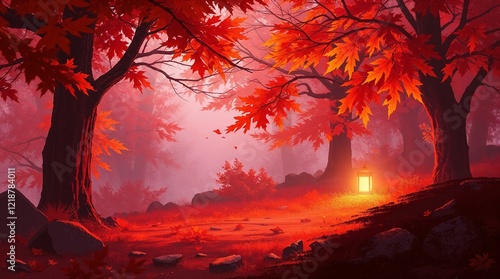 A digital painting in warm autumn colors, featuring neon reverberations, earthy and cozy tones, with a focus on glowing light sources and textured surfaces.