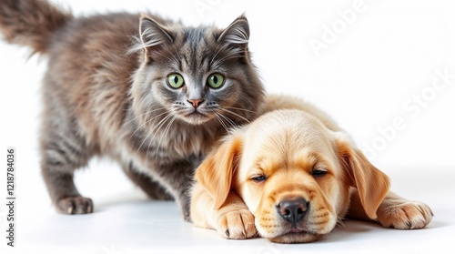 Wallpaper Mural A vibrant image features a fluffy grey cat with bright green eyes and a pink nose playfully pouncing on a golden retriever puppy against a white background.  Contrasting colors and balanced tones crea Torontodigital.ca