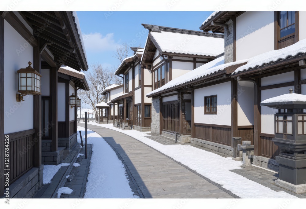 Snowy lane between white and brown buildings with lanterns Snowy lane between white and brown buildings with lanterns