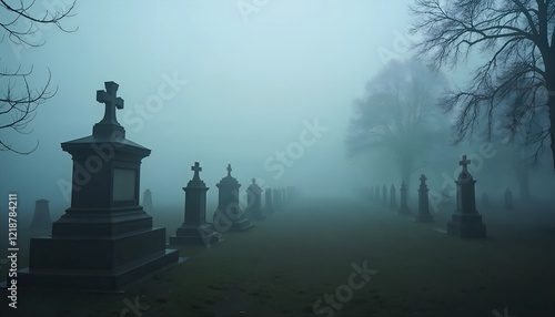 Wallpaper Mural Mysterious foggy cemetery scenery with gravestones in a haunting atmosphere Torontodigital.ca
