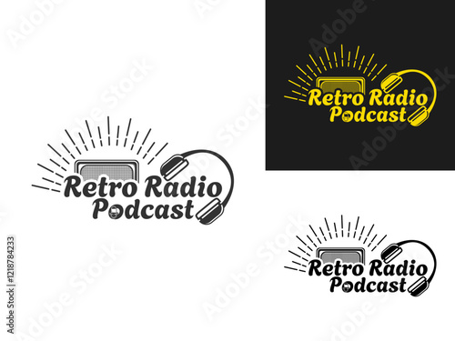 Podcast Vintage logo with Radio and Headset vector. Radio podcast and music sound, Online radio icon vector vintage logo