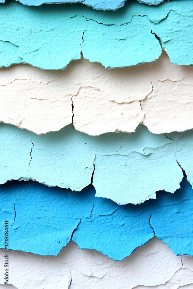 Obraz premium A textured pattern of peeling paint in shades of blue and white, creating a visually striking layered effect.