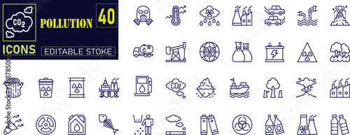 pollution icon set. Containing CO2, mask, air filter, air purifier, car exhaust, indoor air quality, smog and more. 