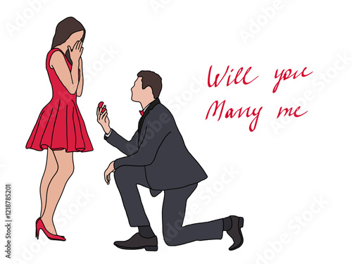 Marry me. A man kneels down and gives a ring to a girl.