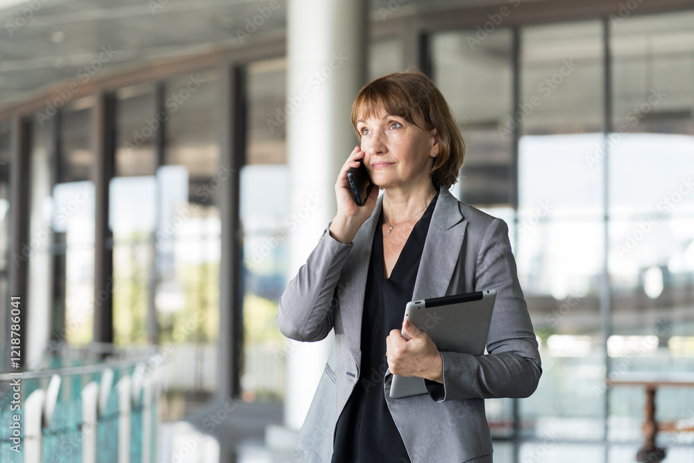 Portrait of professional business woman standing using mobile phone in the office work. Confident mature business woman professional wearing suit standing talking with smart phone in office Portrait of professional business woman standing using mobile phone in the office work. Confident mature business woman professional wearing suit standing talking with smart phone in office