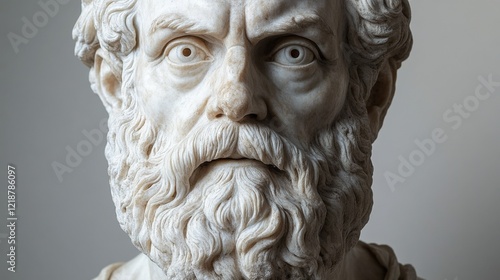 Detailed marble bust of a philosopher with a focused expression, showcasing intricate facial features photo