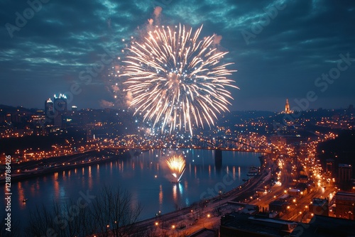 Fireworks extravaganza over river pittsburgh event photography urban nightscape aerial view celebration of light