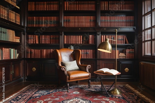 a charming vintage home library with dark wooden bookshelves reaching the ceiling, a leather armchair, a Persian rug, and a brass floor lamp