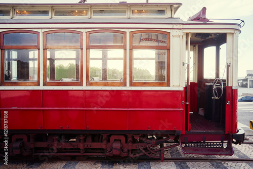Vintage Red Tram in City Street