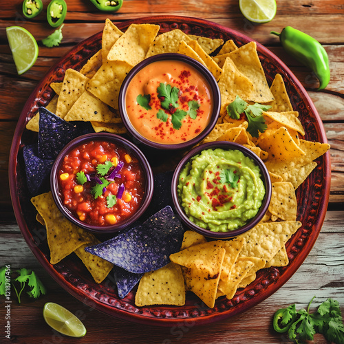Various chips and sauces. A large, ceramic plate with cups of colorful dips: red salsa, creamy guacamole, and golden queso. Surrounding the dips is a vibrant mix of chips and nachos in various shades