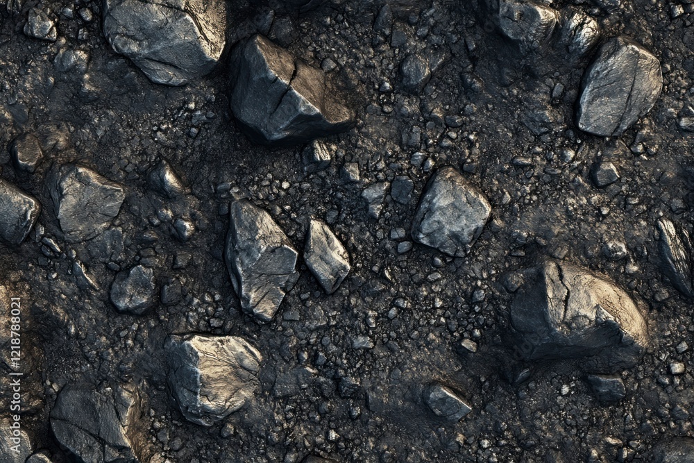 A top-down view of smooth black pebbles on the ground, with small and medium-sized rocks scattered across an area about one meter in size. The texture is detailed and realistic. A top-down view of smooth black pebbles on the ground, with small and medium-sized rocks scattered across an area about one meter in size. The texture is detailed and realistic.