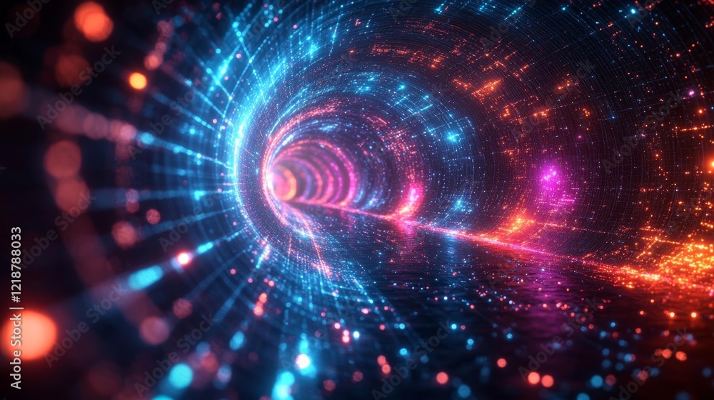 Futuristic Digital Tunnel Abstract with Neon Lights and Glowing Particles. Generative AI Futuristic Digital Tunnel Abstract with Neon Lights and Glowing Particles. Generative AI