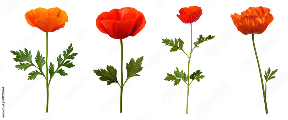 Obraz premium Set of red poppy flowers with green leaves and stems, isolated on transparent background