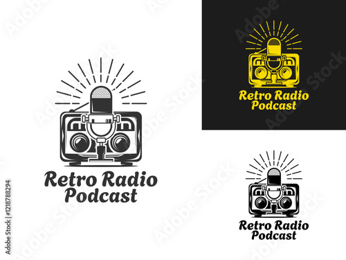 Podcast logo with Radio and Microphone vector. Radio podcast and music sound, Online radio vintage logo icon vector.