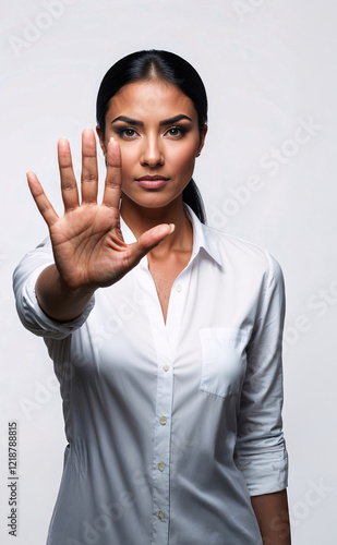 Young woman showing  number five Gesture isolated on white background.