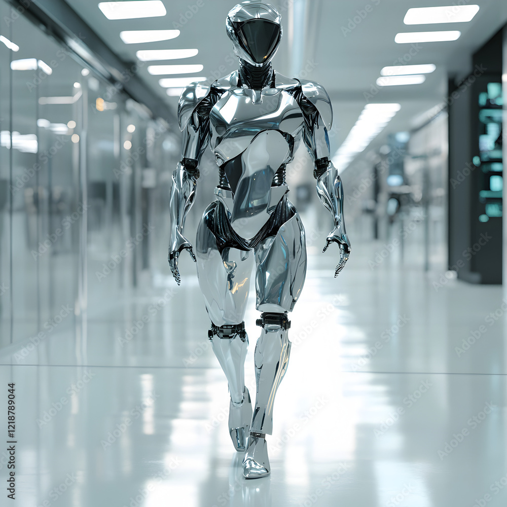 a futuristic robot walking down a corridor. a futuristic robot walking down a corridor.