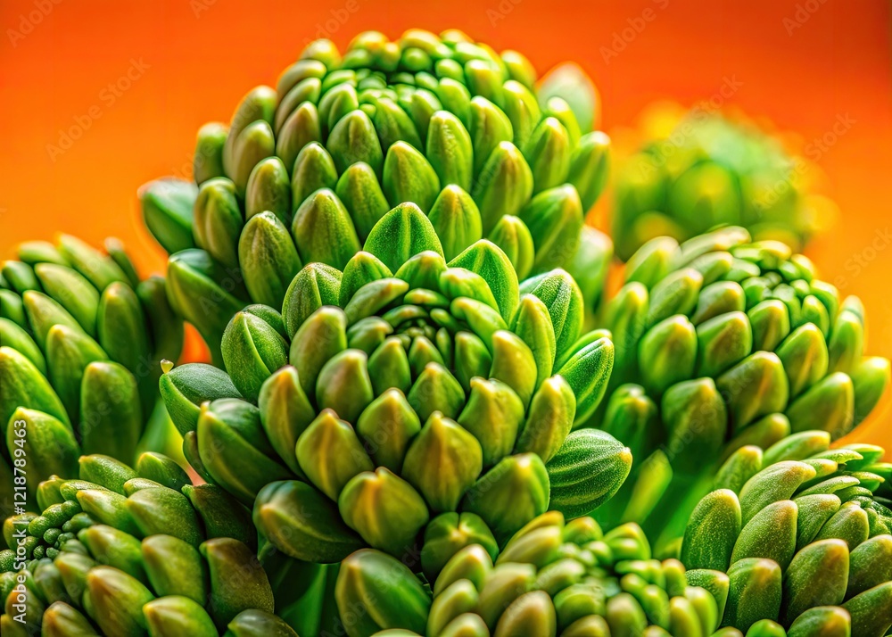 Close-up: vibrant green flower buds pop against a fiery orange backdrop. Close-up: vibrant green flower buds pop against a fiery orange backdrop.
