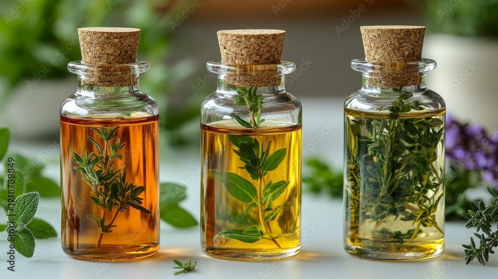 Natural Herbal Oils in Glass Vials with Cork Stoppers. Generative AI Natural Herbal Oils in Glass Vials with Cork Stoppers. Generative AI