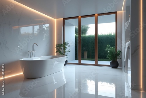 a sleek modern bathroom with marble walls and flooring, a freestanding bathtub near a large window overlooking a garden, minimal decor, and soft recessed lighting photo