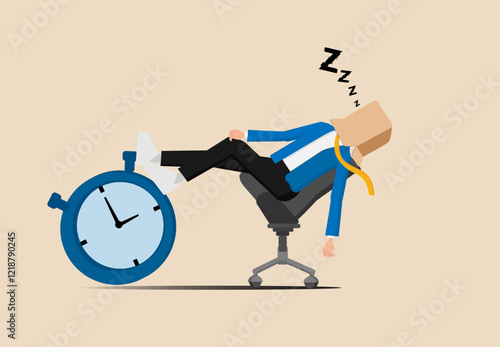 Afternoon lethargy, businessman sleeping while lying on office chair and alarm clock covering his face with book, laziness and procrastination putting off work to do later, boring and sleepy work