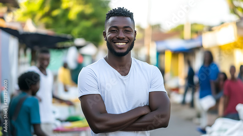 African man volunteer stands outdoors smiling at camera. Arms crossed. Homeless people receive food donations in urban area. Support, care shown during daytime. Community sharing, social aid. Charity photo