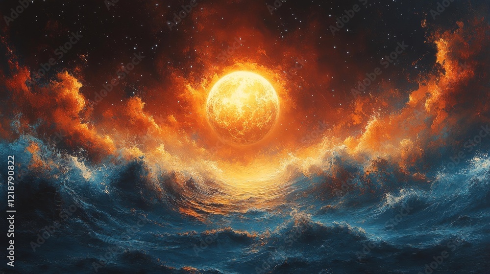 Fototapeta premium Cosmic painting with dramatic waves and glowing orb in a fiery sky. Generative AI
