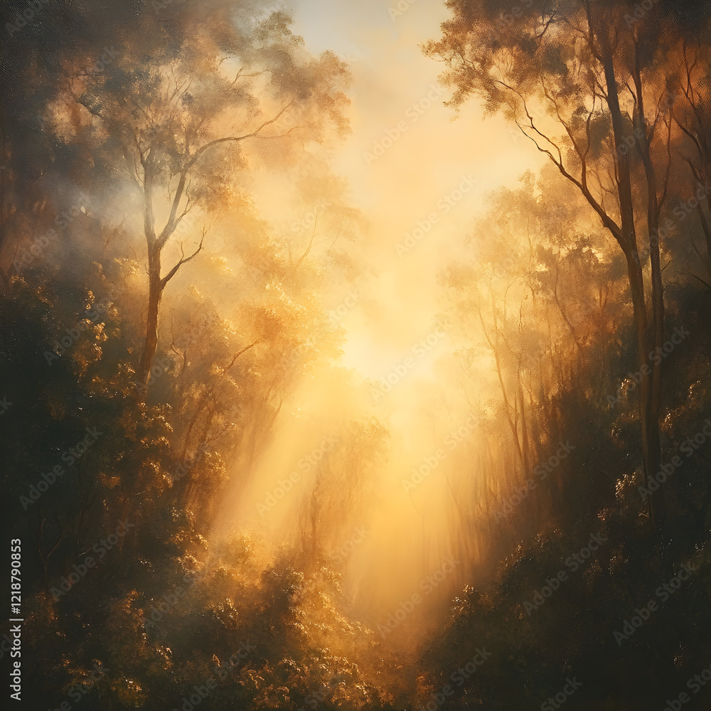 Fototapeta premium Golden Sunlight Filtering Through Forest Canopy 